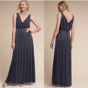 BHLDN Navy and Silver Beaded Maxi Gown Size 10
